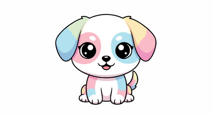Fototapeta premium Colorful cartoon dog with large eyes sitting on a white background in a cute and playful mood with pastel colors.