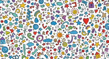 Fototapeta premium A whimsical doodle pattern bursting with vibrant colors and joyful hand-drawn elements perfect for children's designs and playful backgrounds a