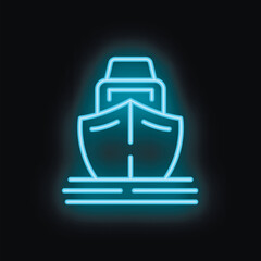 Fototapeta premium Blue neon sign of a ship sailing on water waves at night