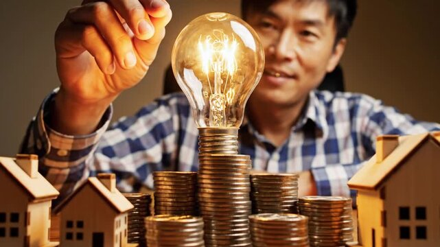 Man with light bulb, coins, and houses.