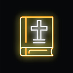 Fototapeta premium Neon sign of a holy bible glowing with a cross is depicted on a dark background
