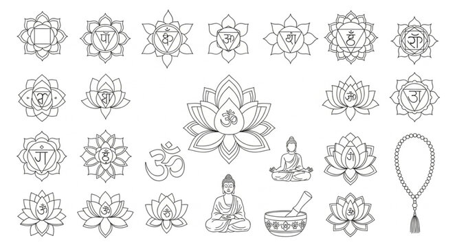 Collection of Hand Drawn Spiritual Symbols and Meditating Figures.