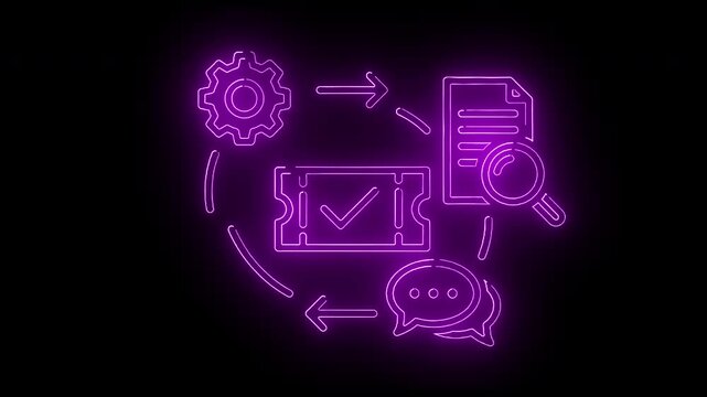 Neon-lit graphic design of workflow automation with icons on a black background.