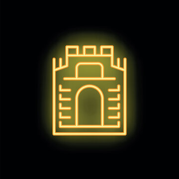 Glowing neon yellow medieval castle with battlements and gate on black background