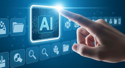 Hand interacting with A I on digital interface with circuit board artificial intelligence finger