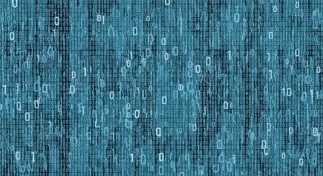 Dynamic flow of luminous binary digits creating an intricate digital data pattern in cool blue hues
