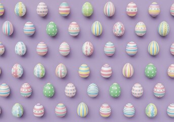Colorful decorated easter eggs on purple background with stripes and patterns