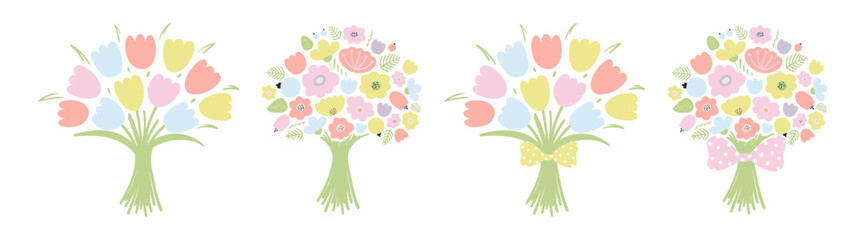 Fototapeta na wymiar Bouquet of spring flowers, tulips isolated illustration set. Pastel blossoms, blooms, florals. Easter holiday clip art collection, seasonal card, banner, poster. Hand drawn flat vector design element