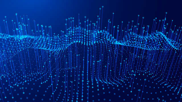 Abstract Big Data Landscape with Connected Digital Particles and Vertical Data Lines. Futuristic Technology Visualization Representing AI and Data Processing. Vector Illustration.