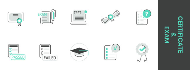 Certificate and exam icon set featuring test papers, diploma, graduation cap, pass and fail results, grades, and checklist symbols for education, assessment, and academic success concepts. © Jegos