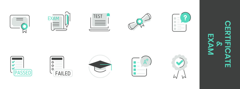Certificate and exam icon set featuring test papers, diploma, graduation cap, pass and fail results, grades, and checklist symbols for education, assessment, and academic success concepts.