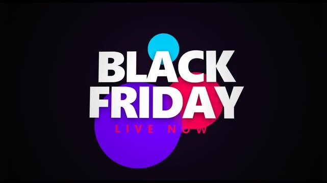 Black Friday live shopping advertisement with bold text and colorful design elements on a dark background