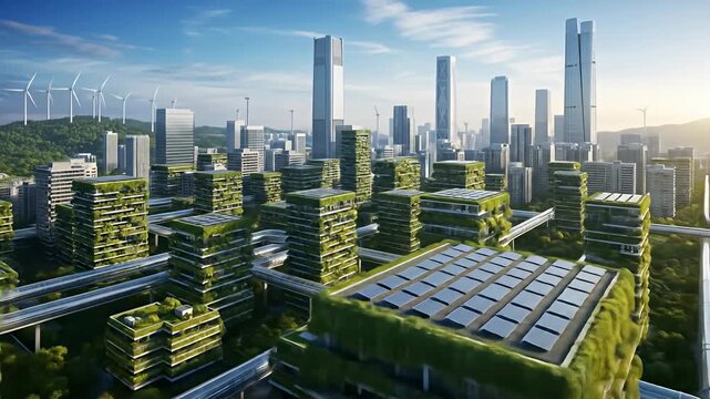 A futuristic green city with verdant buildings, sky-high structures, and wind turbines