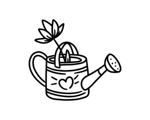 Watering can with plant sprout black outline gardening illustration isolated on white background spring backyard decorative element. Vector illustration