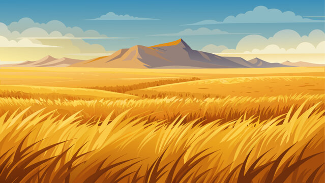 A wide dry grassland with golden natural ground texture stretching to the horizon distant hills create calm natural scenery clean minimal vector illustration flat design uncluttered composition