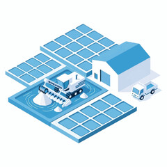 Solar Power Plant with Trucks and Panels.