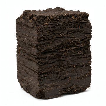 Compressed dark brown fibrous material blocks, resembling peat or organic soil, for gardening, cultivation, and agricultural use on a white background