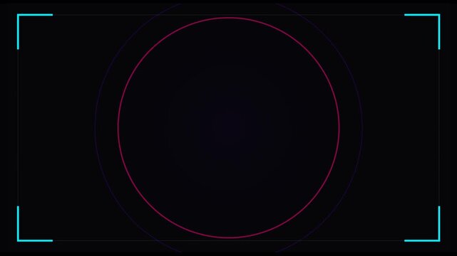 A black background video features a pink circle outlined with thin cyan lines forming a square in each corner.