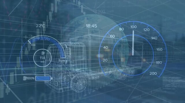 Animation of data processing over globe and lorry