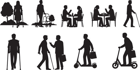 Silhouettes of people with mobility aids and scooters in various activities crutches © Mollah