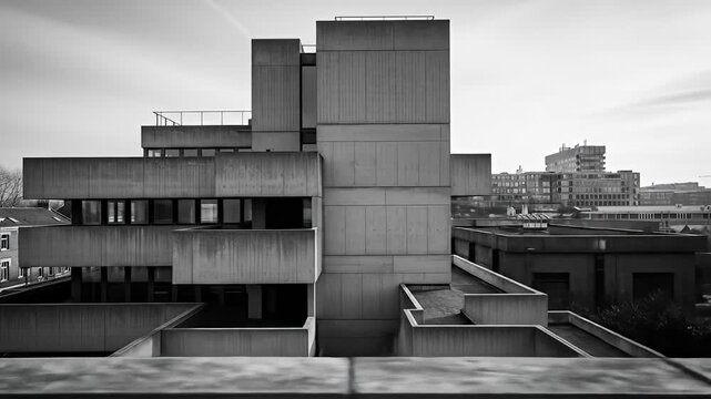 B&W angular brutalist building with block-like elements. Skyline in the background