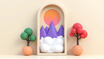 Minimalist 3D Abstract Nature Landscape with Purple Mountains, Sun, Clouds and Stylized Trees in Arched Frame, Pastel Surreal Geometry Concept