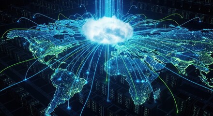 Obraz premium A glowing, futuristic world map with a cloud at its center, connected by lines to other continents, representing global connectivity and data exchange.