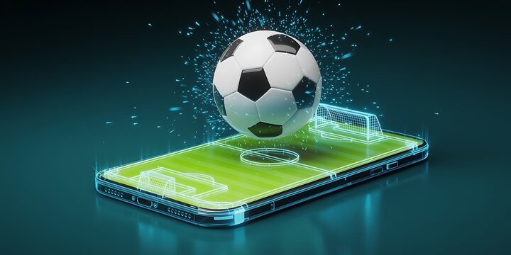 A soccer ball levitating above a smartphone displaying a virtual pitch