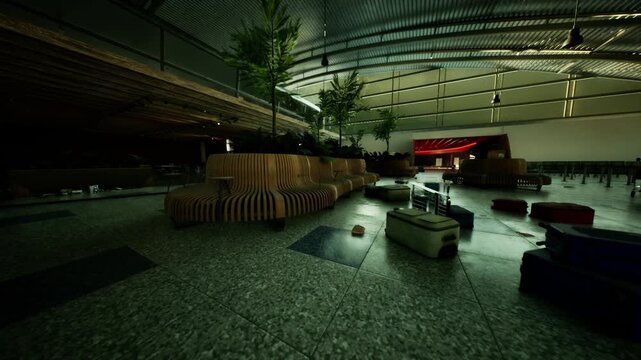 The abandoned airport terminal features empty seating areas and overgrown plants. Remnants of past travel linger in the dimly lit space, highlighting its desolate and forgotten state.