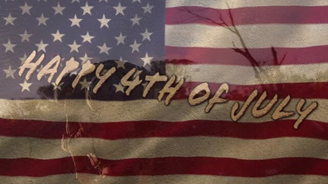 Happy 4th of july text, flag of america, diverse soldier carrying injured subordinate on shoulder