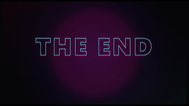 A cinematic background video end screen with 'THE END' text in neon blue letters against a dark purple gradient background.
