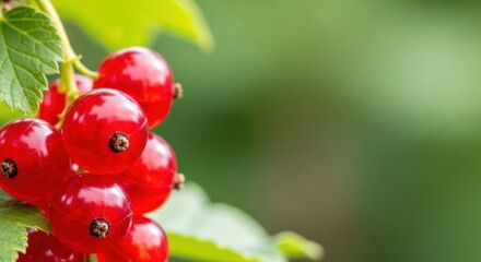 Red currants on a green leafy branch with blurred green background.