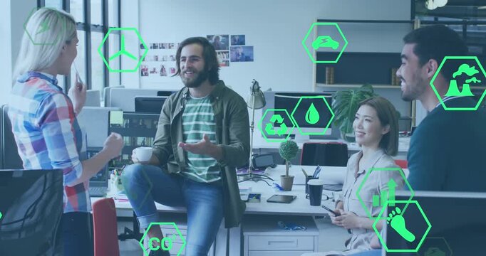Animation of multiple icons over diverse coworkers discussing during tea break