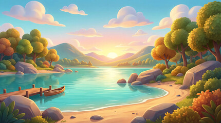 Serene lakeside landscape at sunrise with a wooden dock and canoe