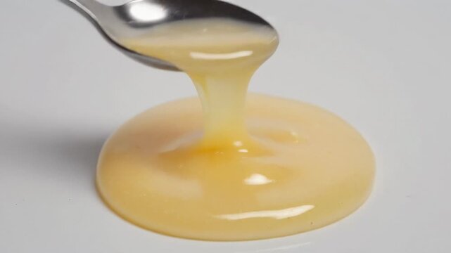 Spoon Lifting Thick Viscous Royal Jelly on White Background