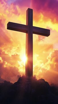 easter religious christian animation; serene card with words: thank you lord and christ on a cross; he is risen animated illustration