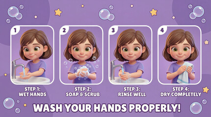 Cute cartoon girl demonstrates proper handwashing steps for children