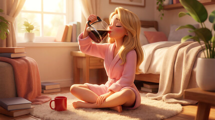 Cozy morning scene of a blonde woman in a pink robe drinking coffee from a carafe