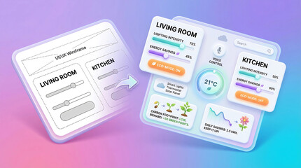 Smart home UI design evolution from wireframe to final interface