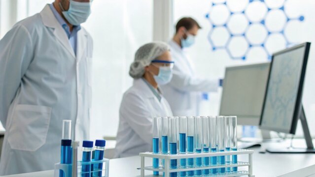 Scientists wearing masks and lab coats conduct experiments with blue liquid in test tubes in a modern laboratory setting.
