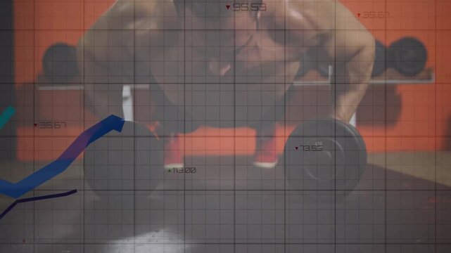 Adult male entering gym gripping dumbbells performing fitness push-ups with animated graphs rising