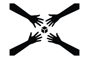 Hands Reaching Towards a Central Cube Icon