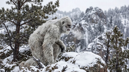 Obraz premium Yeti in the snow, white hairy monster, mysterious creature in the mountains