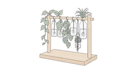 Fototapeta premium DIY Plant Propagation Station: Hanging Glass Bottles & Wooden Stand for Hydroponic Growing