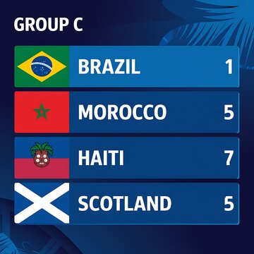 Group c standings in a tournament showing brazil, morocco, haiti, and scotland rankings
