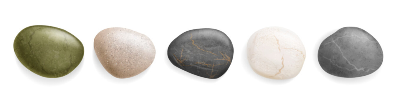 Smooth rocks and spa stones and pebbles for massage. Vector realistic style, minimalist zen garden and meditation. Japanese garden and art. Mineral material, natural cobbles or tiles shape