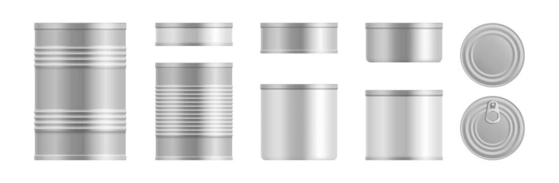 Various shaped tin cans set with lids. Vector realistic containers with metallic silver surfaces. Food industry packaging and branding design, supermarket advertising for canned goods