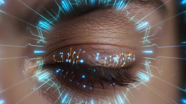 Close-up of a woman's eye with futuristic blue light beams and circuit patterns reflecting on her eye, representing technology and vision, possibly for innovation or AI concepts