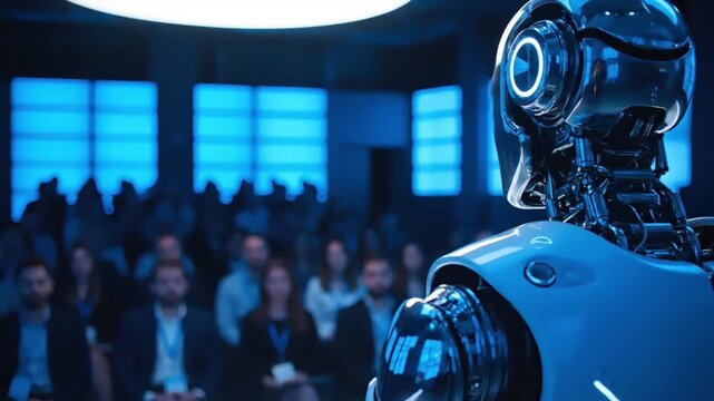 A futuristic robot gives a presentation to a captivated audience in a darkened room with blue-tinted windows and a cinematic ambiance
