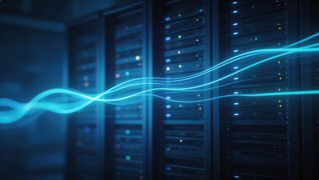 High speed data transfer flowing across IT server racks in modern data center, idea for cloud computing infrastructure, network technology background, cybersecurity systems, and digital information